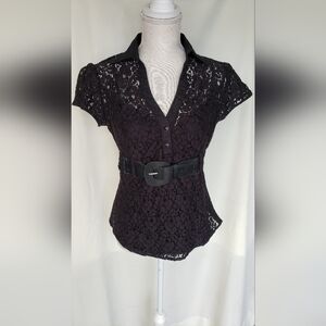 Elegant Black Lace Women's Top w/ attached tank top and Belt Size L